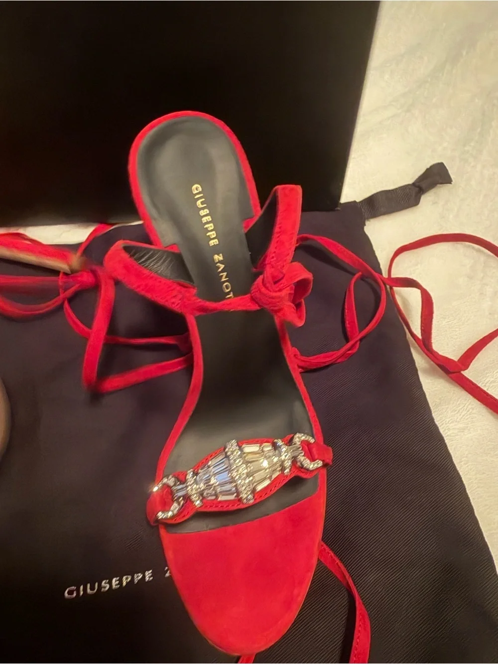 Giuseppe Zanotti Red Suede Crystal-Embellished Lace-Up Heels
